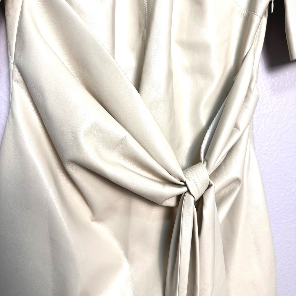 NWT Nanushka Maryl Faux Leather Chalk/Cream Fringe Knot Shift Mini Dress L - Picture 4 of 16